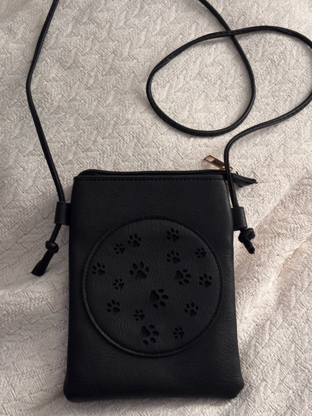 Black Crossbody Phone Pouch with Paw-Print Detail